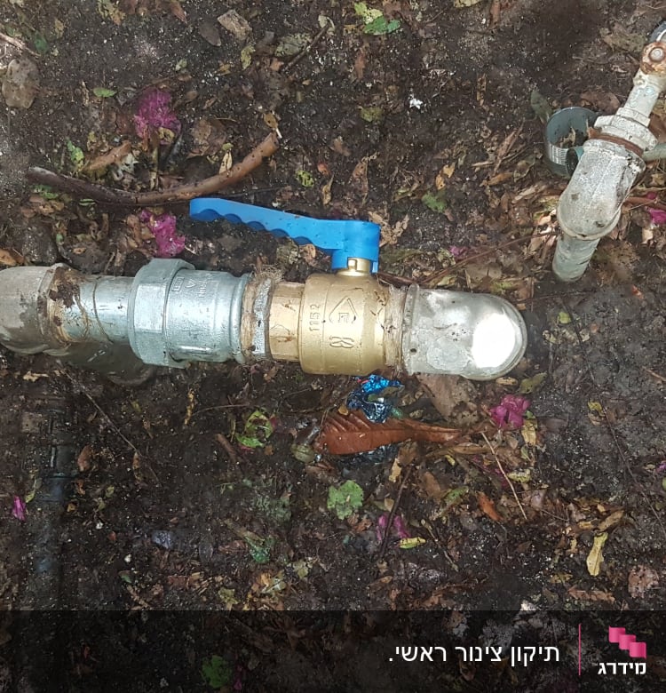 ברז פליז עם ידית כחולה על צינור מתכת